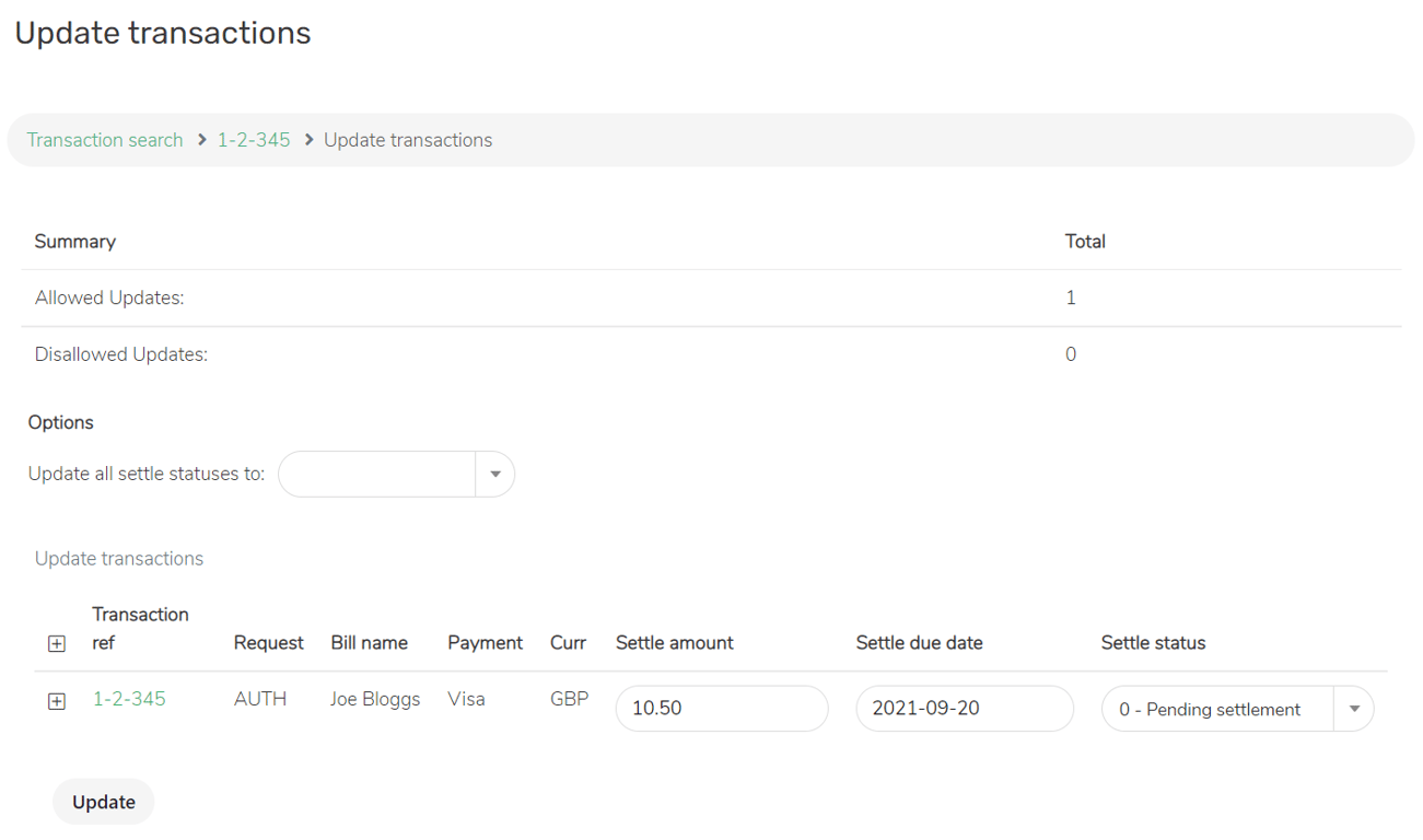 Portal screenshot: "Update" page, showing number of allowed requests, info on actions to be performed and submit button.