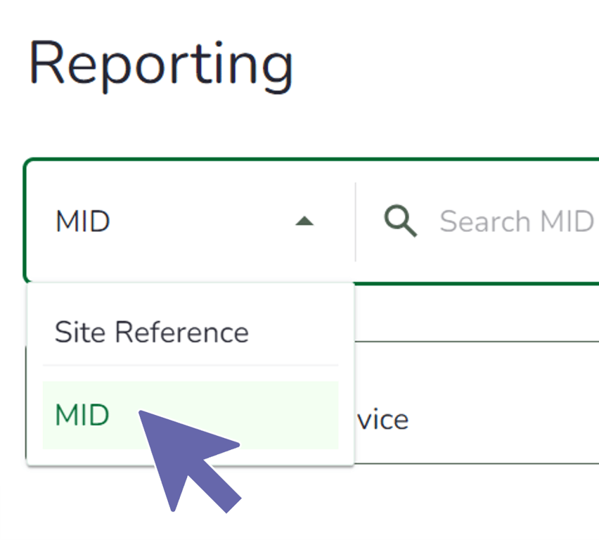 Portal screenshot: User has selected "MID" from the drop-down on the reporting page.