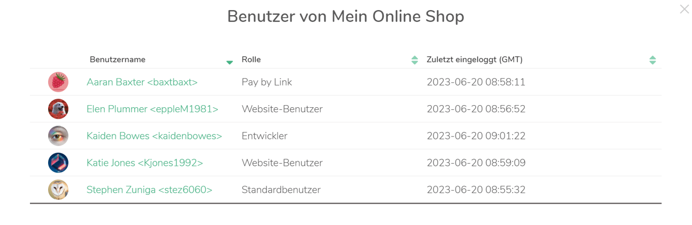 Pop-up mit dem Titel "Die Benutzer meines Online-Shops" und einer Liste der Benutzer. Für jeden Benutzer zeigen wir: Benutzername, Rolle, Zuletzt eingeloggt.