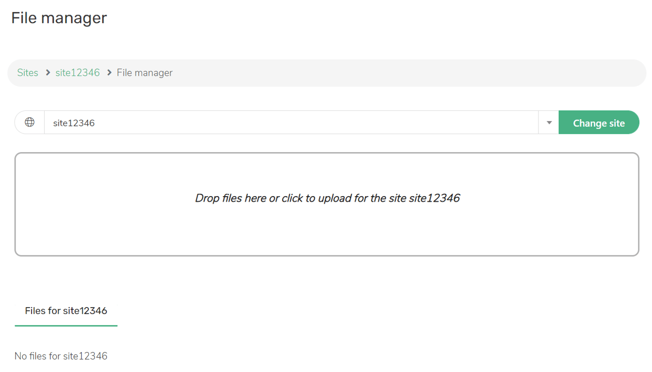 Portal screenshot: File manager. User selects site via dropdown at top. There's a space to drag and drop files for upload.