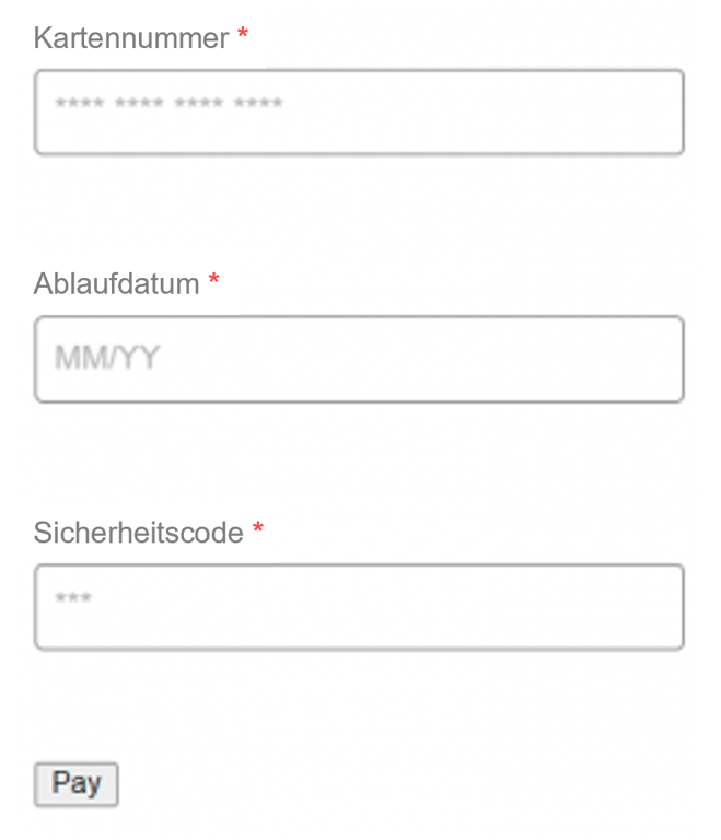 Screenshot einer Beispiel-Kasse mit den benutzerdefinierten FeldernPan", "Ablaufdatum" und "CVV2".