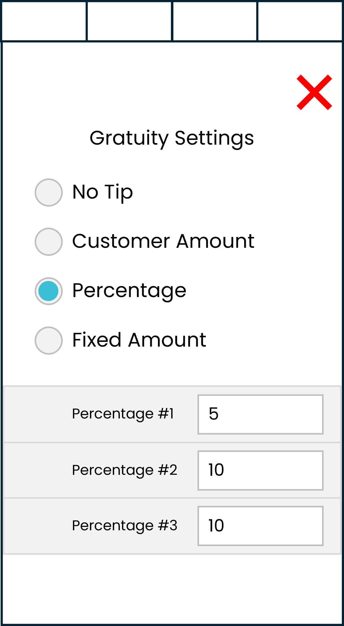 Gratuity Settings. User can enable/disable tips and define amounts/percentages that customers can select.