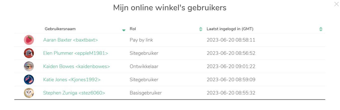 Pop-up met de titel "Gebruikers van mijn online shop" en een lijst met gebruikers. Voor elke gebruiker tonen we: Gebruikersnaam, Rol, Laatst ingelogd.