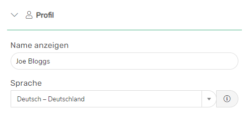MyST-Profileinstellungen. Das Textfeld für "Anzeigename" und die Dropdown-Liste für "Sprache" werden angezeigt ("Englisch" ist ausgewählt).