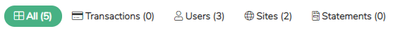 Number of results are shown by each filter type: "All (5) ", "Transactions (0) ", "Users (3) ", "Sites (2) ", "Statements (0) ".