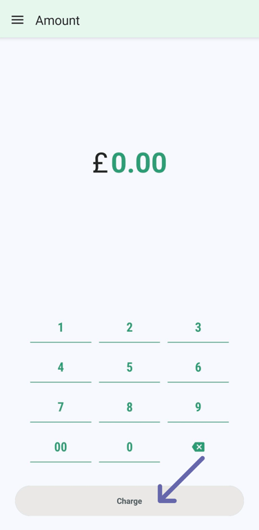 The "Amount" screen. Now the "Please wait" message has cleared, user enters amount using on screen keypad and taps "Charge".