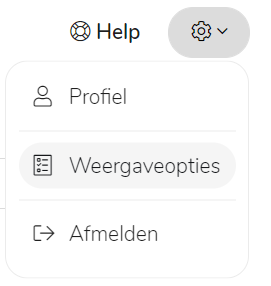 MyST screenshot: De gebruiker heeft rechtsboven de instellingen geopend om links te zien voor "Profiel", "Weergaveopties" en "Afmelden".