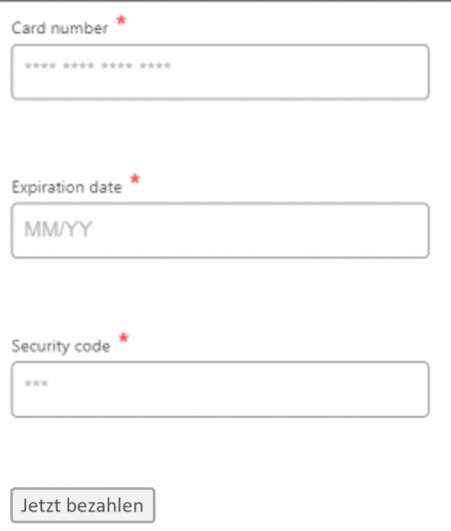Screenshot einer Beispiel-Kasse mit einer benutzerdefinierten Schaltfläche "Senden" mit dem Text: "Jetzt bezahlen".