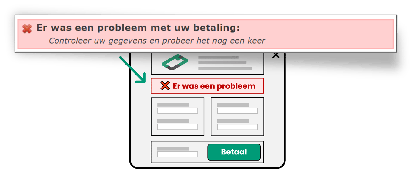 Diagram dat de detailpagina weergeeft, met de fout "Er is een probleem met uw betaling" benadrukt.