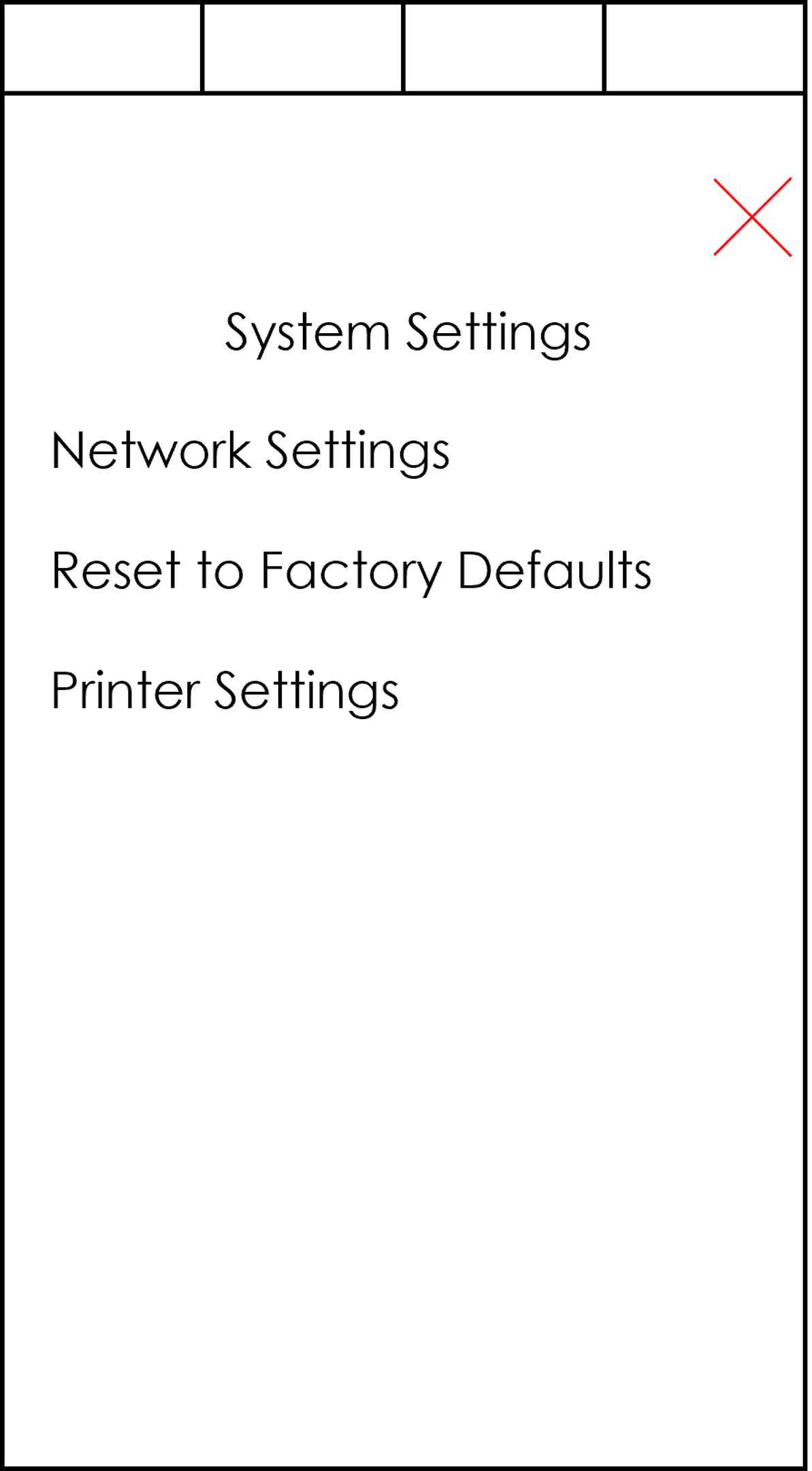 System Settings. Options are "Network Settings", "Reset to Factory Defaults" and "Printer Settings".