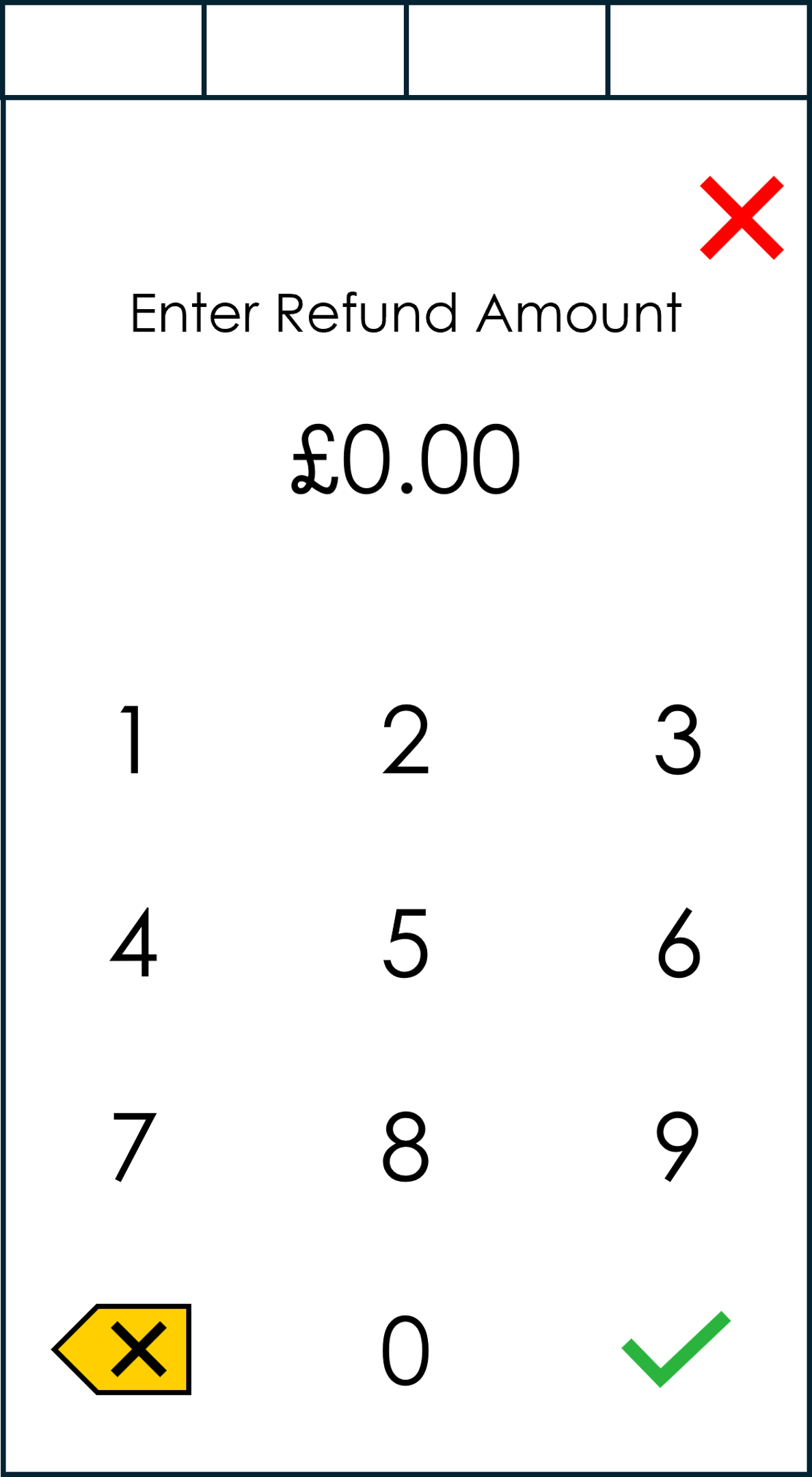 Screen where the user is prompted to enter the refund amount. They select X to cancel or the check icon to continue.