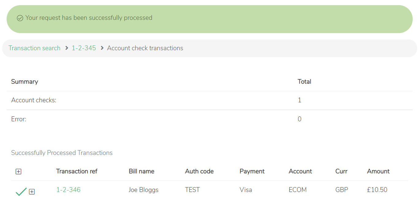 Portal screenshot: Account check page following a successful request. A success message is shown in green at the top.