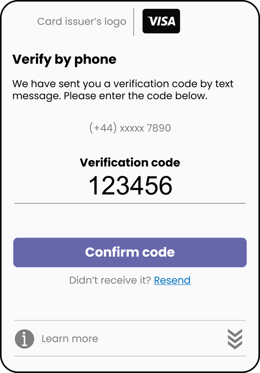 Example of a pop-up shown during step-up authentication. User is prompted for verification code that was sent to their phone.