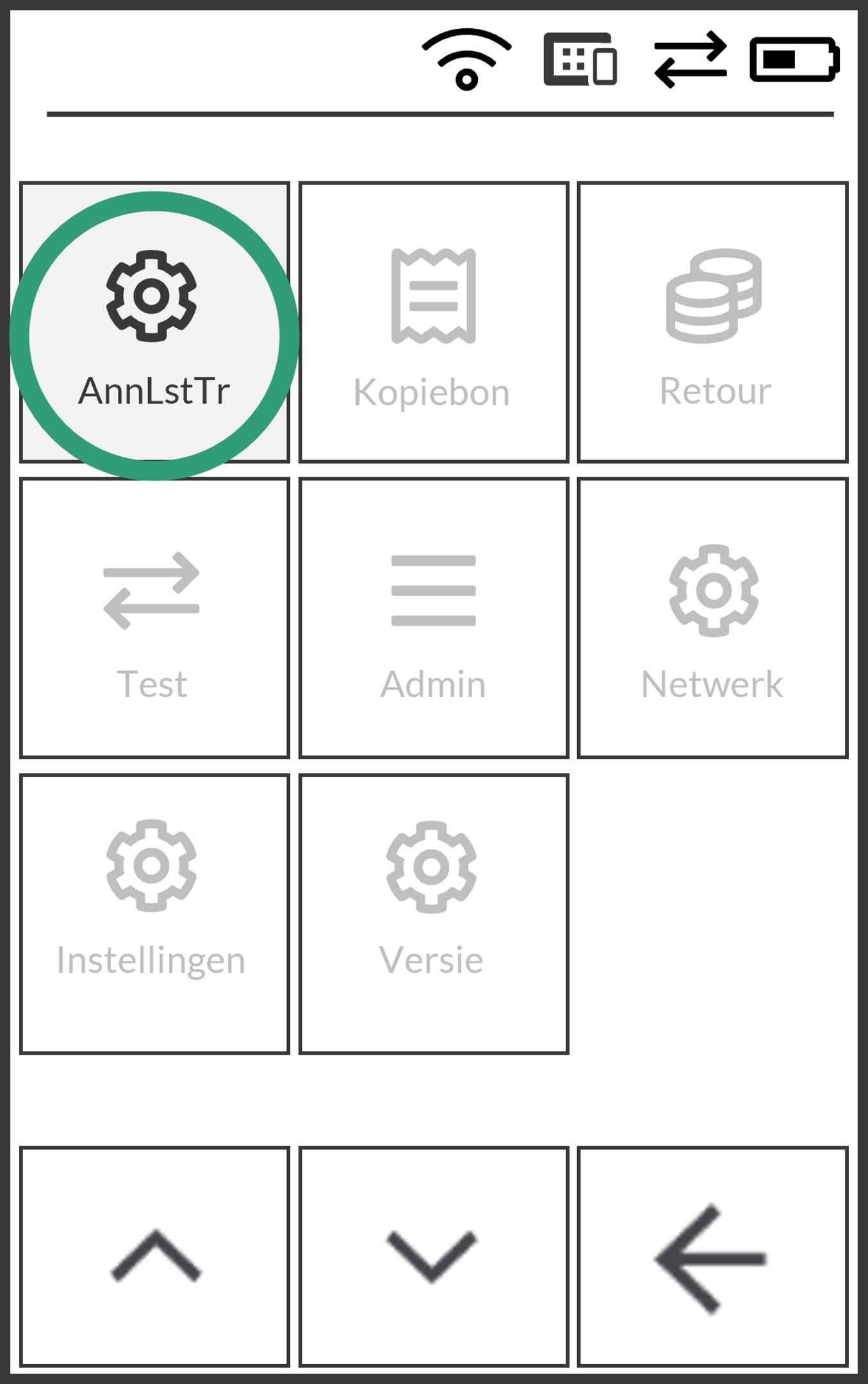 Het snelmenu met de opties AnnLstTr (omcirkeld), Kopiebon, Retour, Test, Admin, Netwerk, Instellingen en Versie.