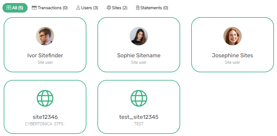 Grid of matching users/sites following search. Filters at top: All (selected), Transactions, Users, Sites, Statements.