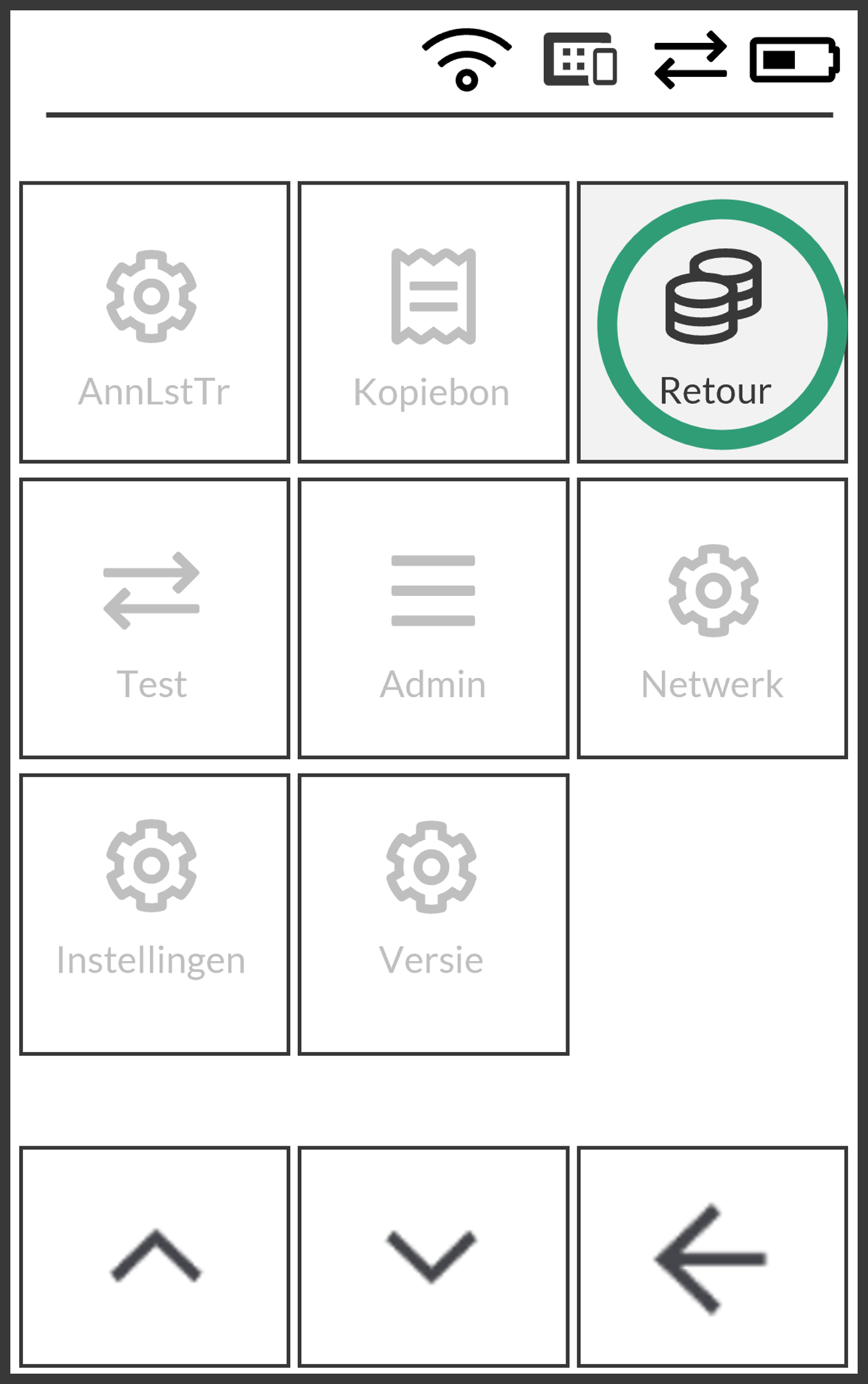 Het snelmenu met de opties AnnLstTr, Kopiebon, Retour (omcirkeld), Test, Admin, Netwerk, Instellingen en Versie.
