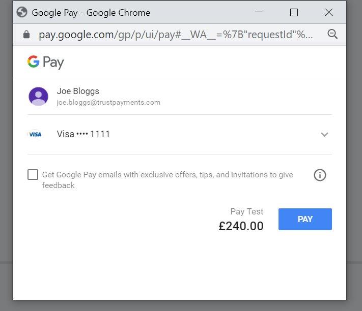 Google Pay pop-up showing the G Pay logo, currently signed-in user, selected card, total price and a "PAY" button.
