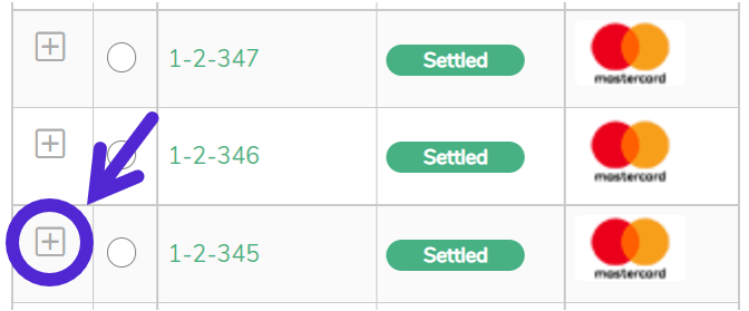 MyST screenshot: Transaction search results table with the plus icon highlighted next to example transaction 1-2-345.