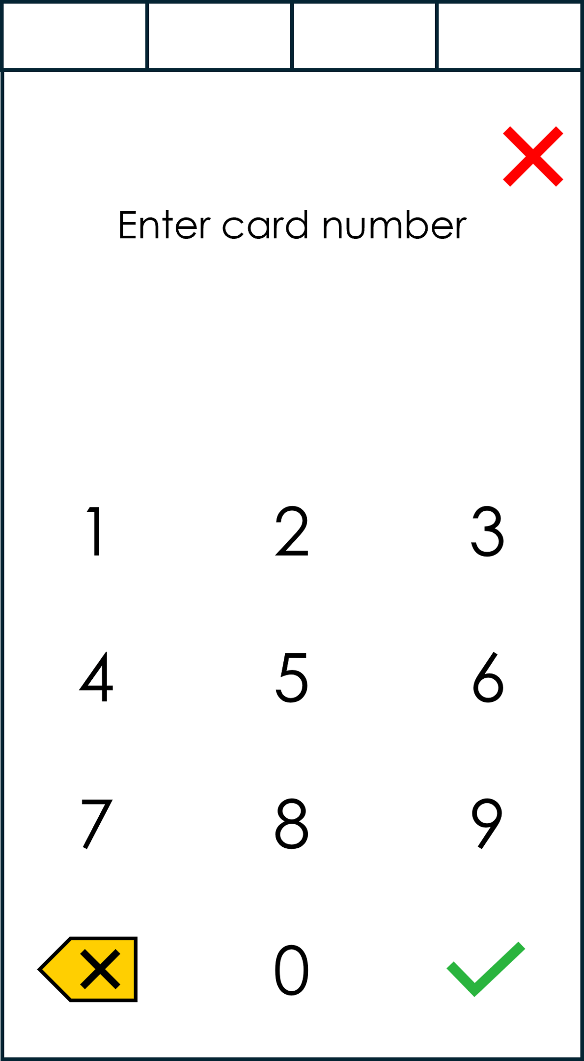 Screen that prompts the user to enter the customer's card number. They select X to cancel or the check icon to continue.