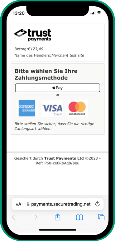 Auswahlseite auf dem iPhone: Trust Payments oben, dann Betrag, Name des Händlers, Apple Pay und andere Zahlungsarten.