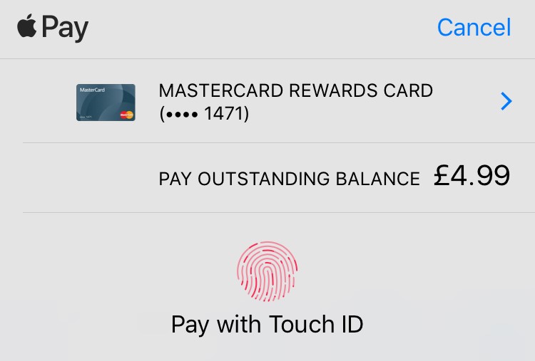 Apple Pay UI showing selected card at top, then the transaction total. "Pay with Touch ID" is shown at the bottom.