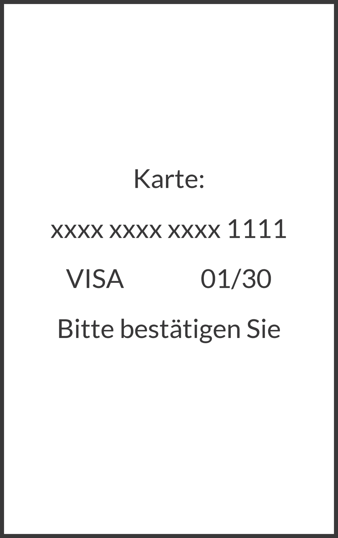 Bildschirm mit einer Zusammenfassung der Erstattung: Kartennummer (maskiert), System und Verfallsdatum. Drücken Sie die grüne Taste, um fortzufahren.