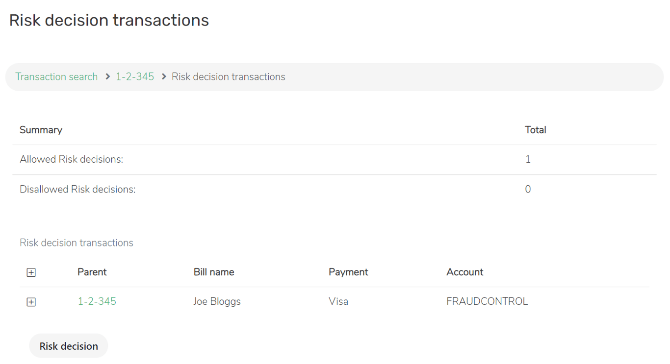 Portal screenshot: Risk decision page, showing number of allowed requests, info on actions to be performed and submit button.