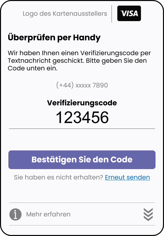 Beispiel für ein Popup-Fenster, das während der Step-up-Authentifizierung angezeigt wird. Der Benutzer wird zur Eingabe des Verifizierungscodes aufgefordert, der an sein Telefon gesendet wurde.