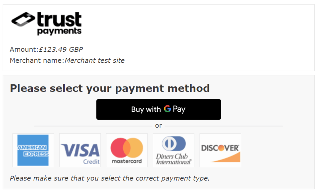 Choice page: Trust Payments logo at the top, then Amount, Merchant name, Google Pay button and other payment types.
