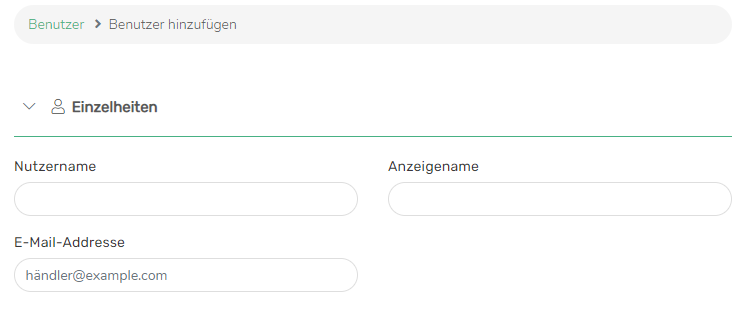 MyST-Screenshot zeigt den oberen Bereich der Seite "Benutzer hinzufügen". Es gibt Textfelder für Benutzername, Anzeigename und E-Mail-Adresse.