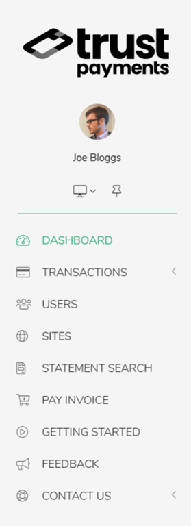 Screenshot of left side-bar shown in MyST. From top to bottom: Trust Payments logo, user details, navigation links.
