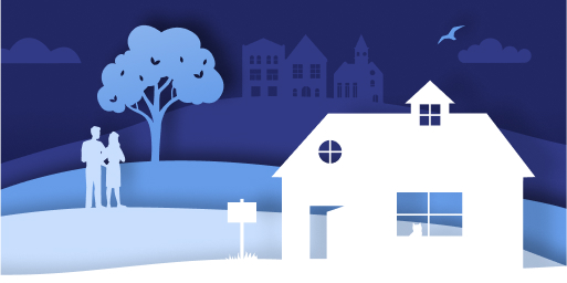 Help to buy couple outside house illustration