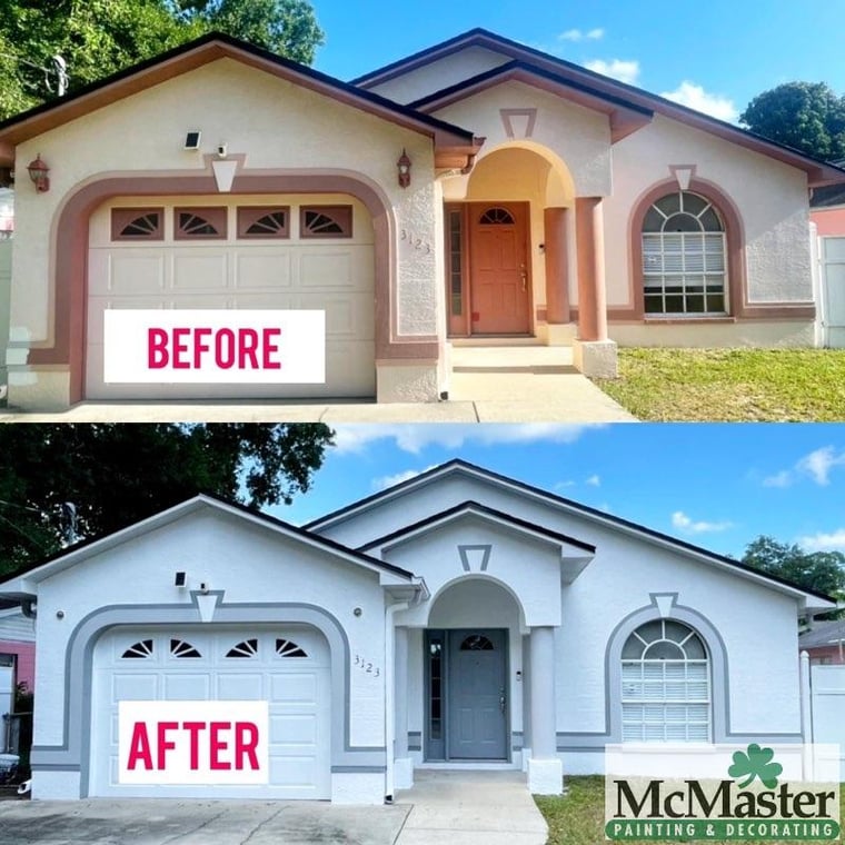 This is an image from McMaster Painting and Decorating company, located inBellwood, IL The image is a before and after exterior house painting by McMaster Painting & Decorating showing transformation from beige and pink trim to fresh white with gray accents.
