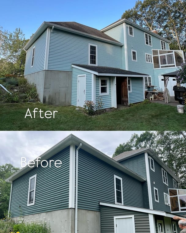 Before-and-after exterior siding repaint by Full Circle Painting & Contracting Inc., showing the transformation from dark green to light blue siding.