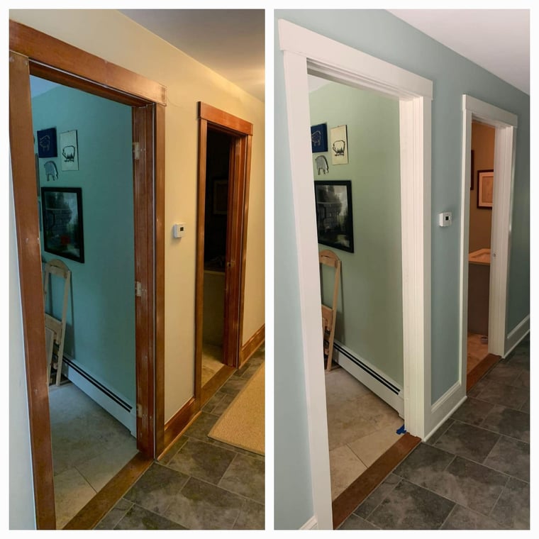 This is an interior hallway painted by Rainbow Painting Pro. The before-and-after comparison shows walls updated from beige to a light gray with crisp white trim.