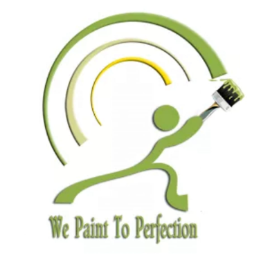 This is an image from Finkelstein Painting company, located in Boynton Beach, FL. The image is a Finkelstein Painting LLC logo with a green figure holding a paintbrush under arched green and yellow strokes, and the slogan 'We Paint To Perfection' below