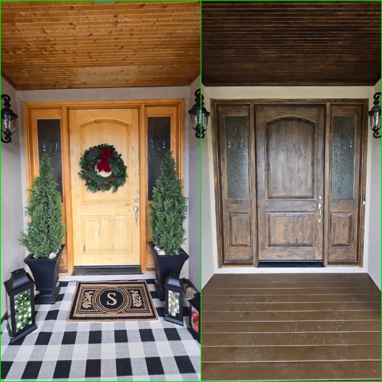 This is an image from LIME Painting of Chicago company, located inChicago, IL The image is a before and after front door wood staining project by LIME Painting, showing transformation from light natural finish to rich dark wood finish