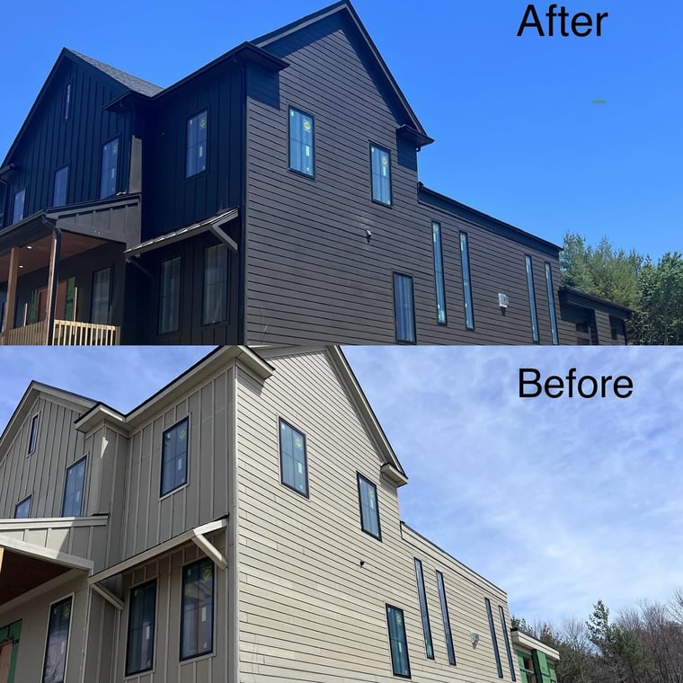 This is an image from Angel's Painting, Inc, showing a home exterior painting project. The house transformation highlights a before-and-after comparison with the siding repainted in a dark, modern finish.