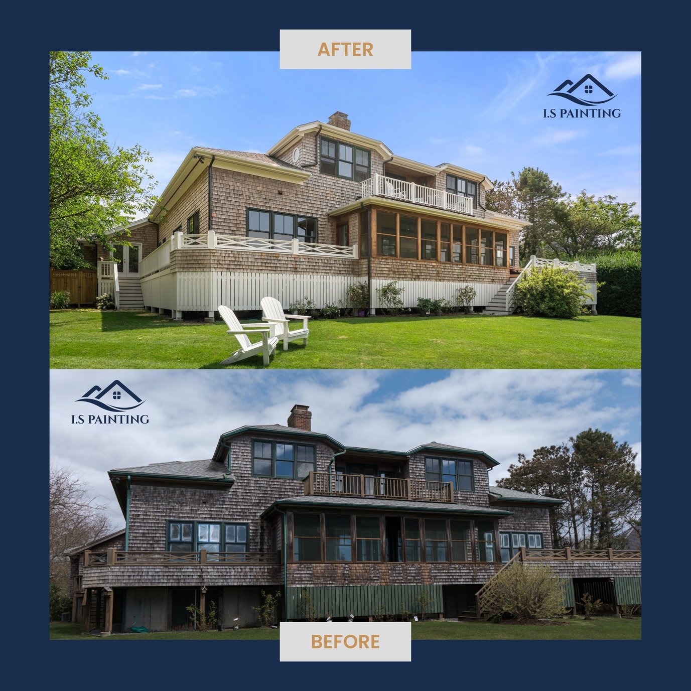 This is an image from I.S. Painting Corp, located in Massachusetts. The before-and-after exterior photo shows a beautifully restored shingle-style home with refreshed wood siding, white trim, and a clean deck railing.