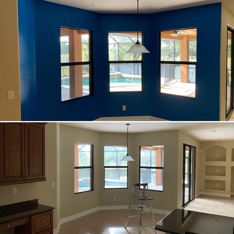 This is an image from Precise Painting company, located in North Port, FL. The image is a before and after image of a kitchen nook repainted from bold blue accent walls to a soft neutral beige, showcasing interior repainting work by Precise Painting