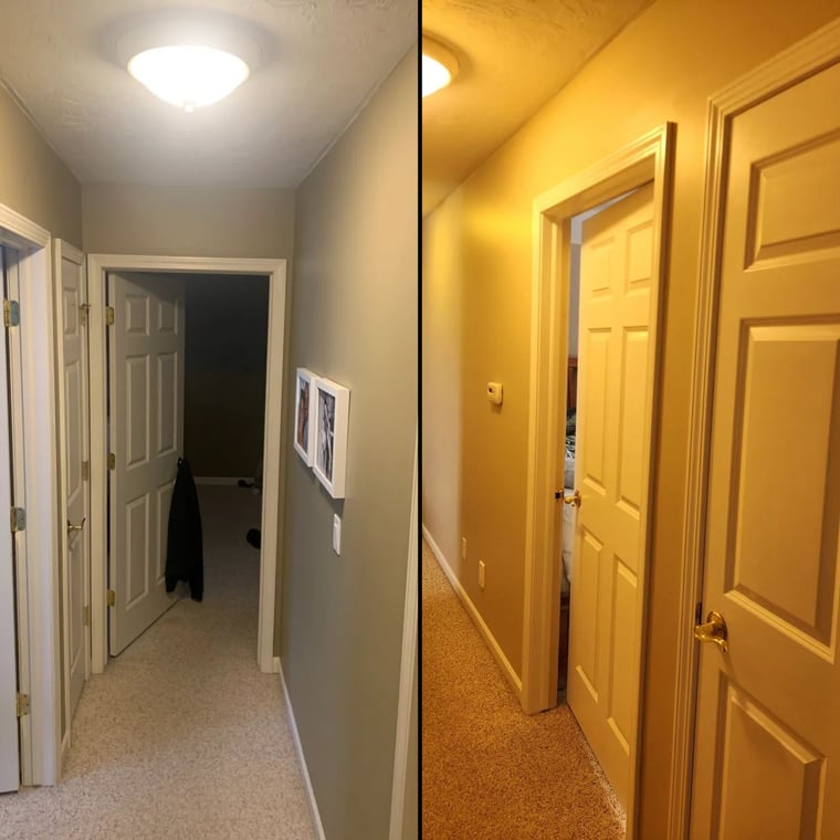 This is an image from Staib & Son Painting & Decorating LLC company, located in Jackson, MI The image is a before and after hallway painting comparison showing walls transformed from a dull beige to a warmer, freshly painted golden tone with clean white trim and doors.