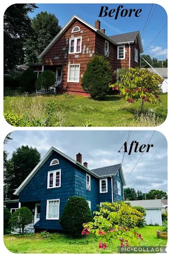 This is an image from Pancione Painting Plus LLC, located in Massachusetts. The before-and-after exterior photo shows a two-story home transformed from worn red siding to a refreshed deep blue color with white trim.