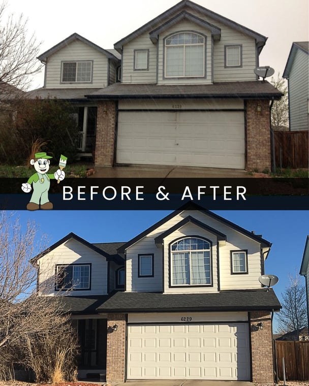 This is an image from Paint Pals company, located in Timnath, CO The image is a  before and after photo of a two-story house exterior repainted by Paint Pals, transforming from faded gray siding with brick accents to fresh white siding with dark trim for a modern, polished look.