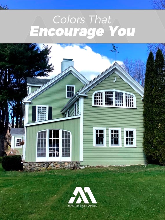 This is an image from Masterpiece Painter. It shows a green two-story house with white trim and a stone foundation, labeled with the words 