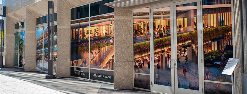 retail window wrap for esplanade strip mall.