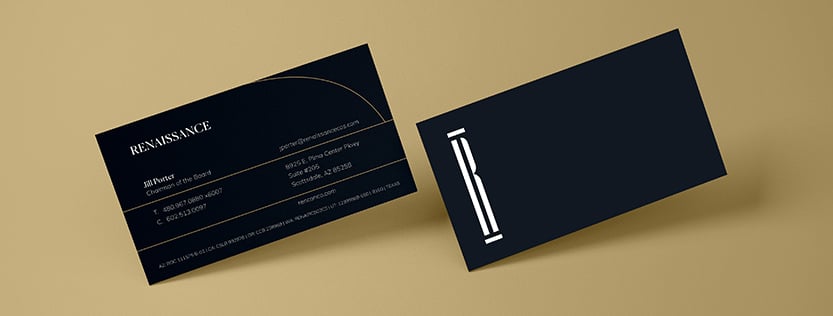 Mockup rendering of business cards for Renaissance Construction Company.