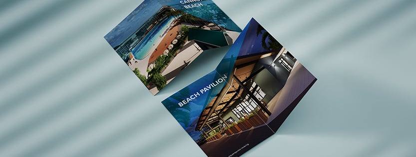 A bi-fold brochure featuring Cannon Beach and Beach Pavilion renderings.