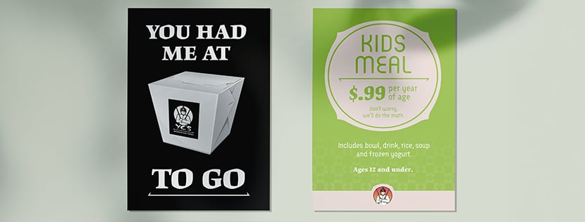 Two flyers: You Had Me At TO GO and 12 & Under Kids Meal pricing