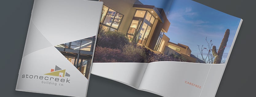 Brochure booklet for Stonecreek Building Company showcasing an inside page layout.