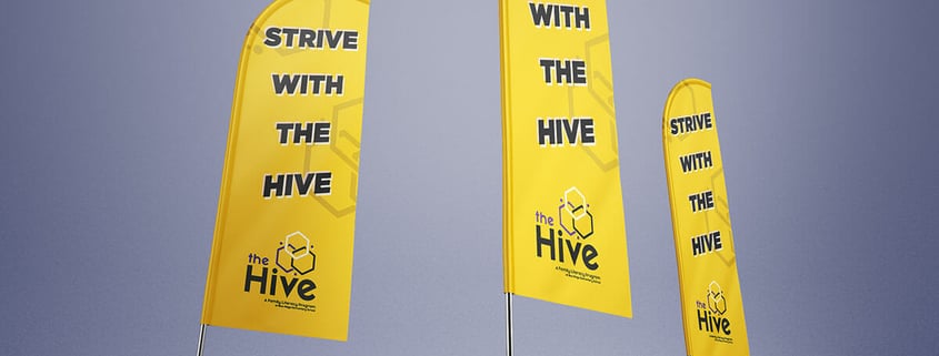 Printed feather flags for the Hive